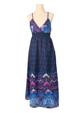 She's Cool Navy Purple Boho Patterned Maxi Summer Dress Festival Medium